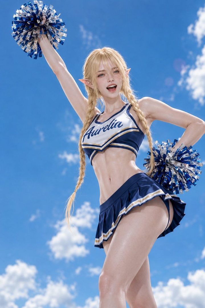 A blonde elf-eared woman in a blue and white cheerleader outfit with pom-poms poses against a blue sky.
