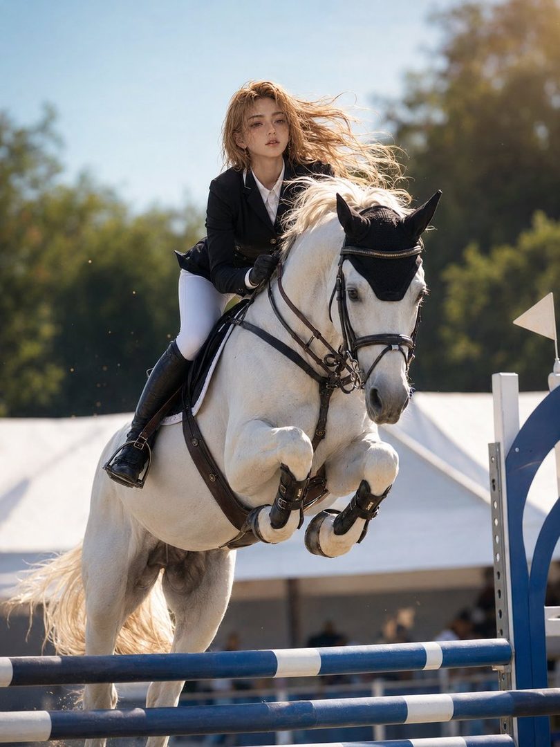 A woman with long blonde hair rides a white horse over a jump during an equestrian event on a sunny day.