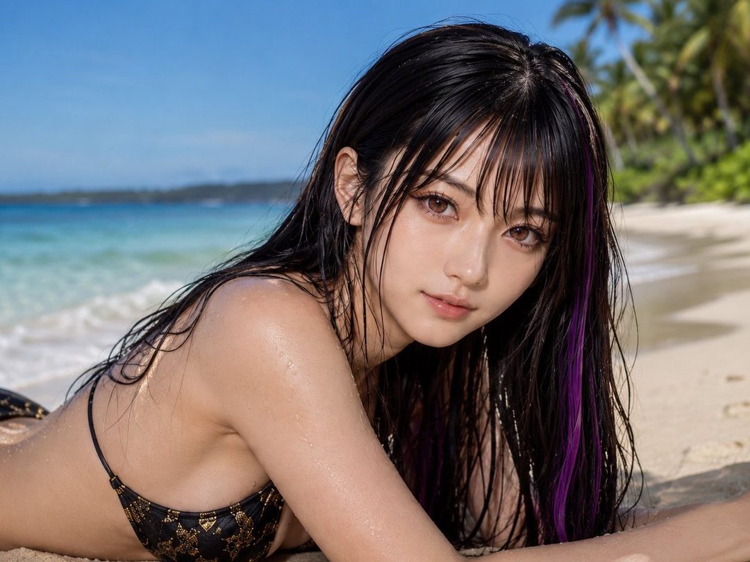 A woman with long black hair with purple streaks and bangs, wearing a black and gold bikini, lies on a sandy beach with the ocean in the background.