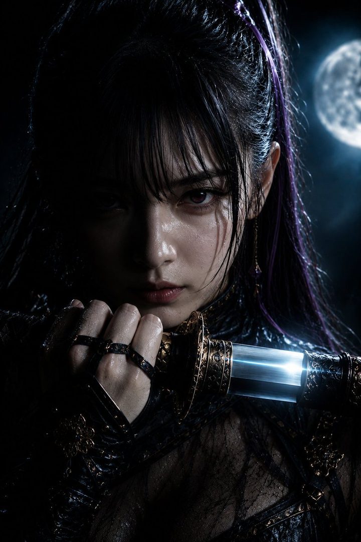 A photorealistic portrait of a woman with black hair and bangs, holding a glowing katana, with a full moon in the background.