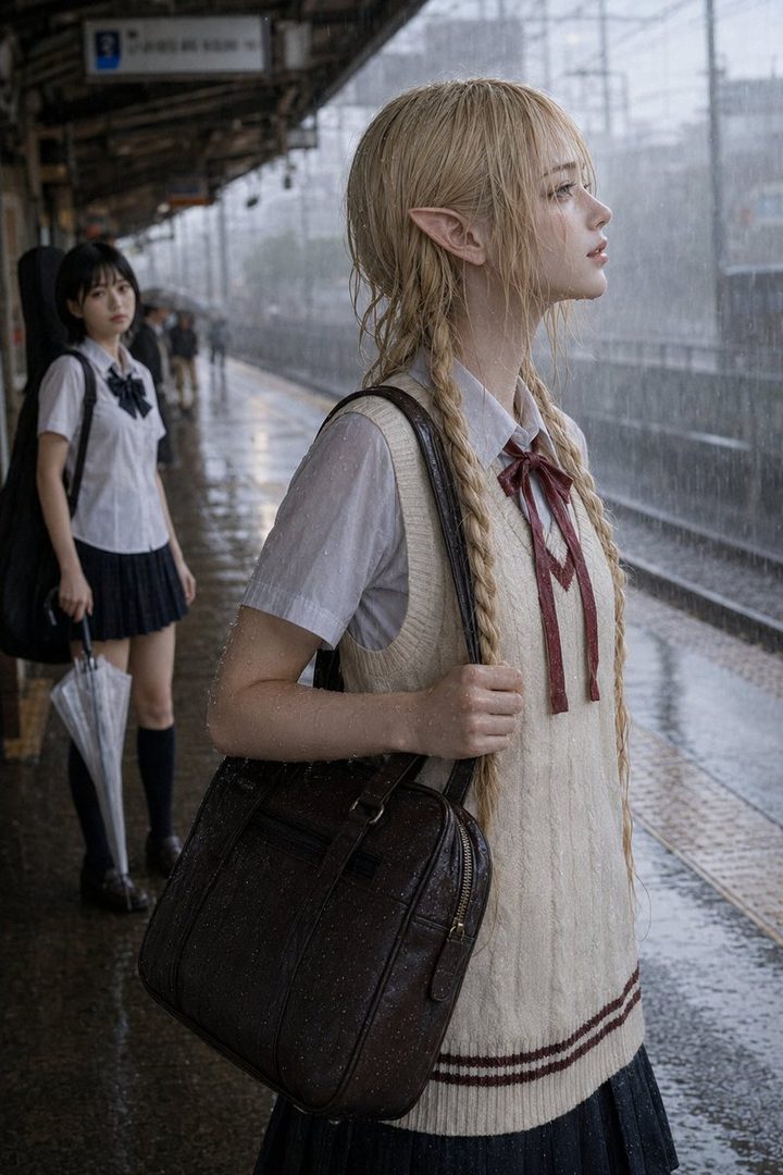 A blonde elf girl in a school uniform stands on a rainy train platform, looking up, with another girl in a school uniform in the background.