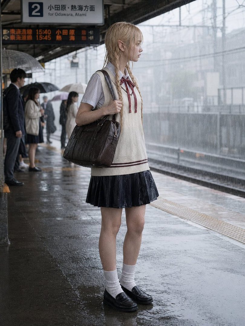 A young woman with blonde braided hair and elf ears, wearing a school uniform, stands on a rainy train platform in Japan.