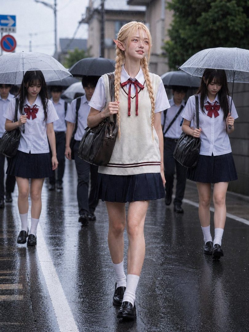 A blonde elf-eared girl in a school uniform walks down a rainy street with other students, holding a school bag.
