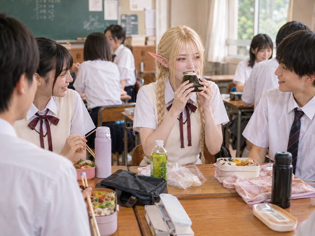 A blonde elf girl in a school uniform eats an onigiri with classmates in a classroom.