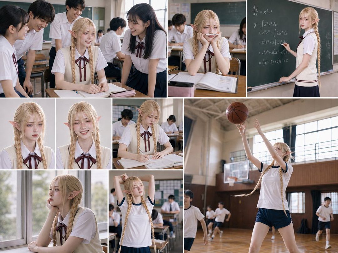 A blonde elf girl in a school uniform is shown in various school settings, including a classroom and a gym.