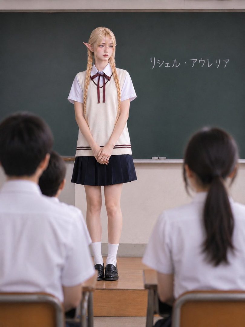 A blonde elf girl in a Japanese school uniform stands in front of a blackboard in a classroom.