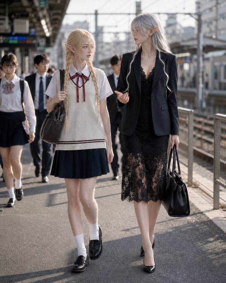 Two elf-eared women, one in a school uniform and the other in a business suit, walk on a train platform.