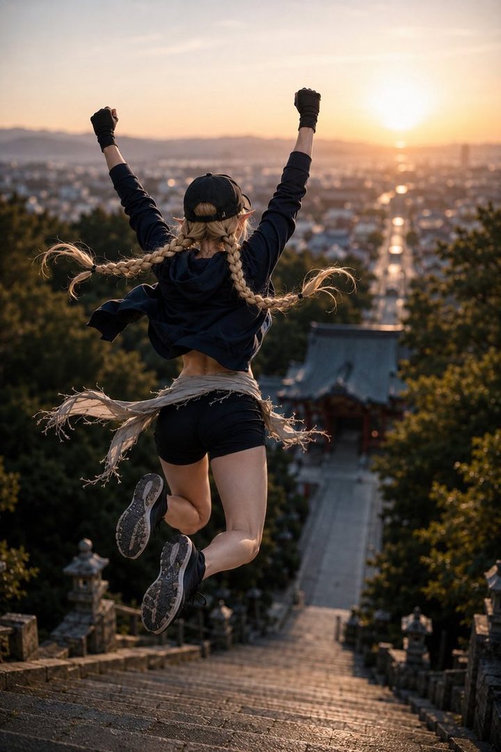 A woman in a black cap and sportswear jumps with her arms raised, overlooking a city at sunset from a long stone staircase.