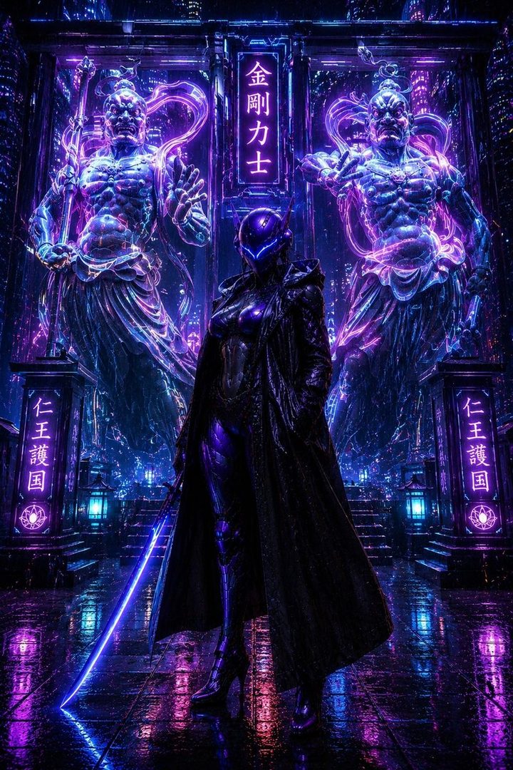 A cyberpunk warrior in a long coat stands in a neon-lit city street with glowing statues in the background.