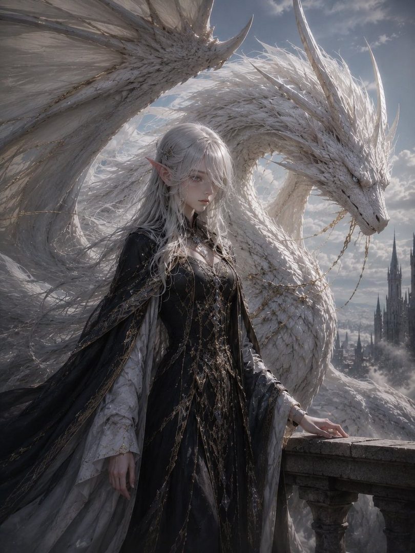 A fantasy portrait of an elf woman with long white hair and a dark dress, standing next to a large white dragon with a castle in the background.