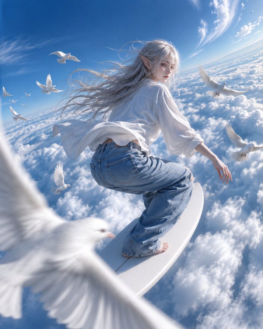 An elf-like woman with long white hair surfs on a board above the clouds, surrounded by white birds.