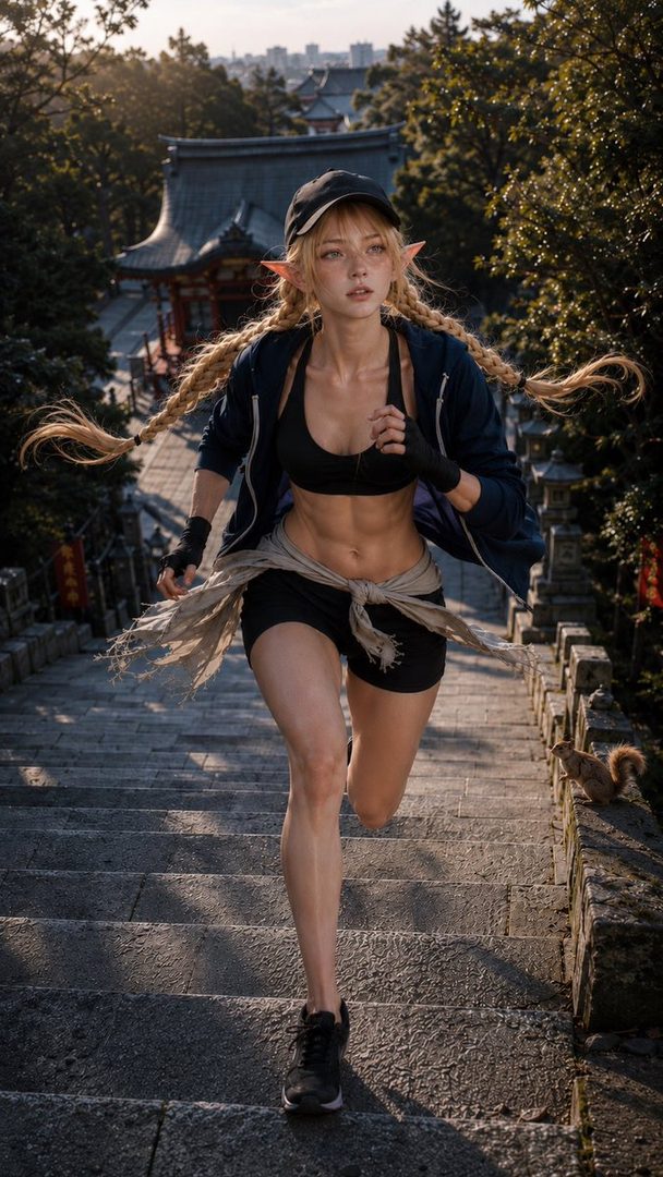 A blonde elf-eared woman with braided hair and sportswear runs up stone steps outdoors, with traditional buildings in the background.
