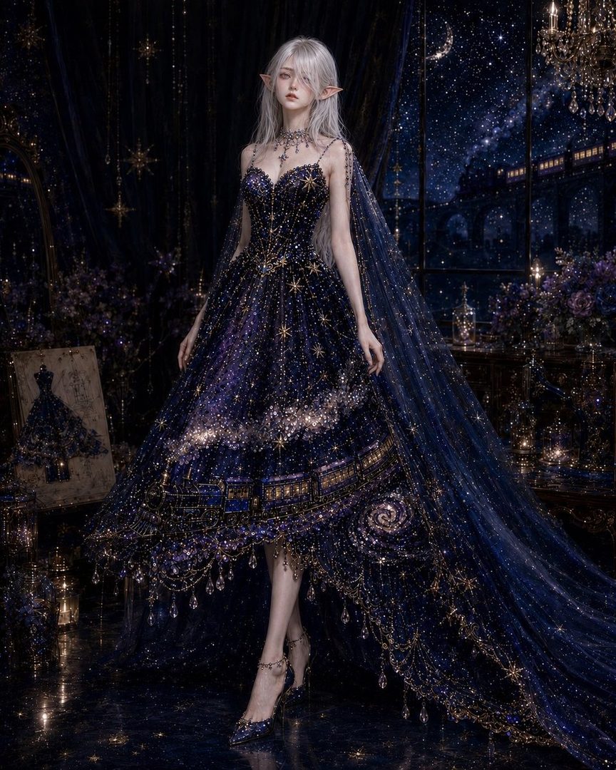 A fantasy portrait of an elf woman with long white hair wearing a sparkling blue galaxy-themed dress in a dark, star-filled room.