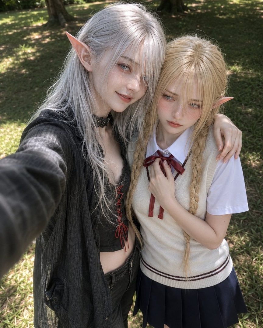 Two elf-eared girls, one with long white hair and a dark outfit, and the other with blonde braided hair in a school uniform, pose for a selfie outdoors.