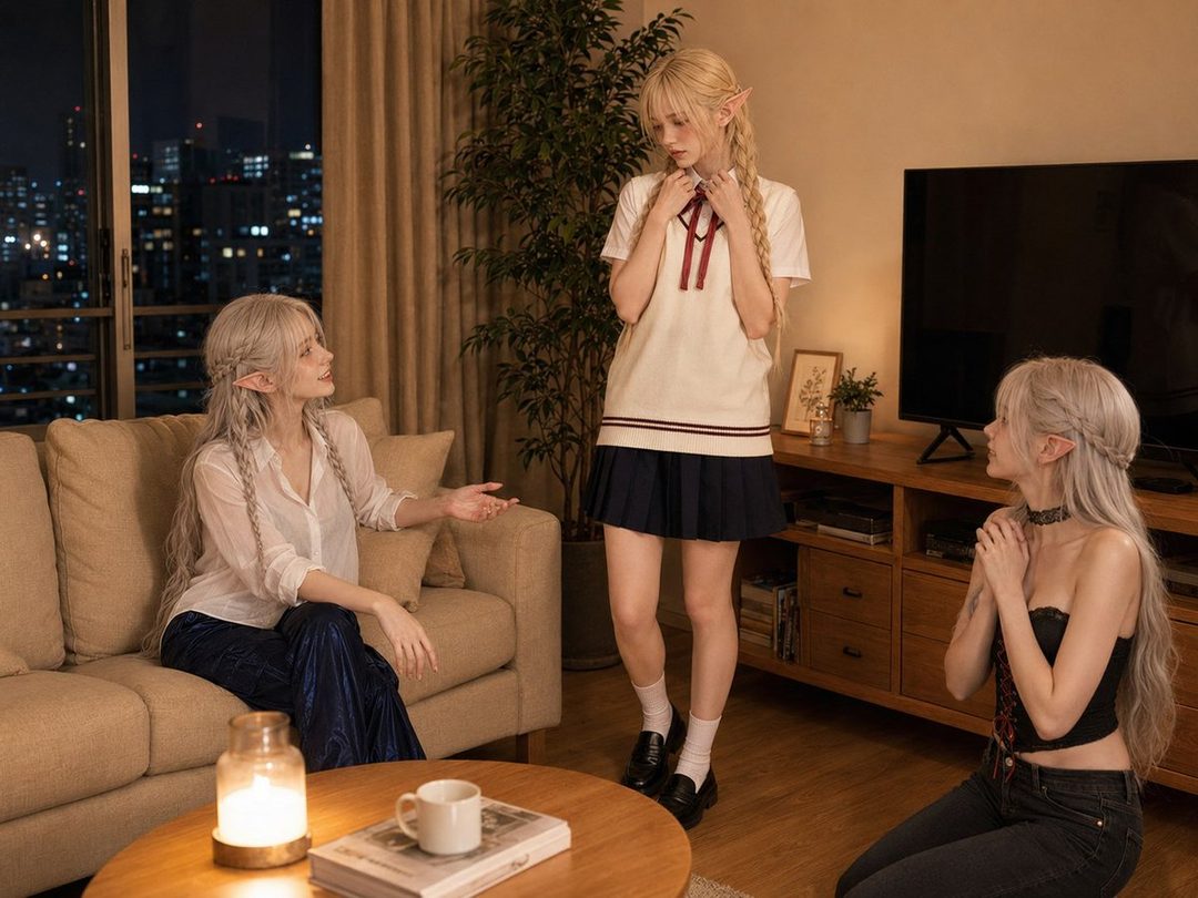 Three elf-eared women in an apartment at night, one in a school uniform, one on a couch, and one kneeling.