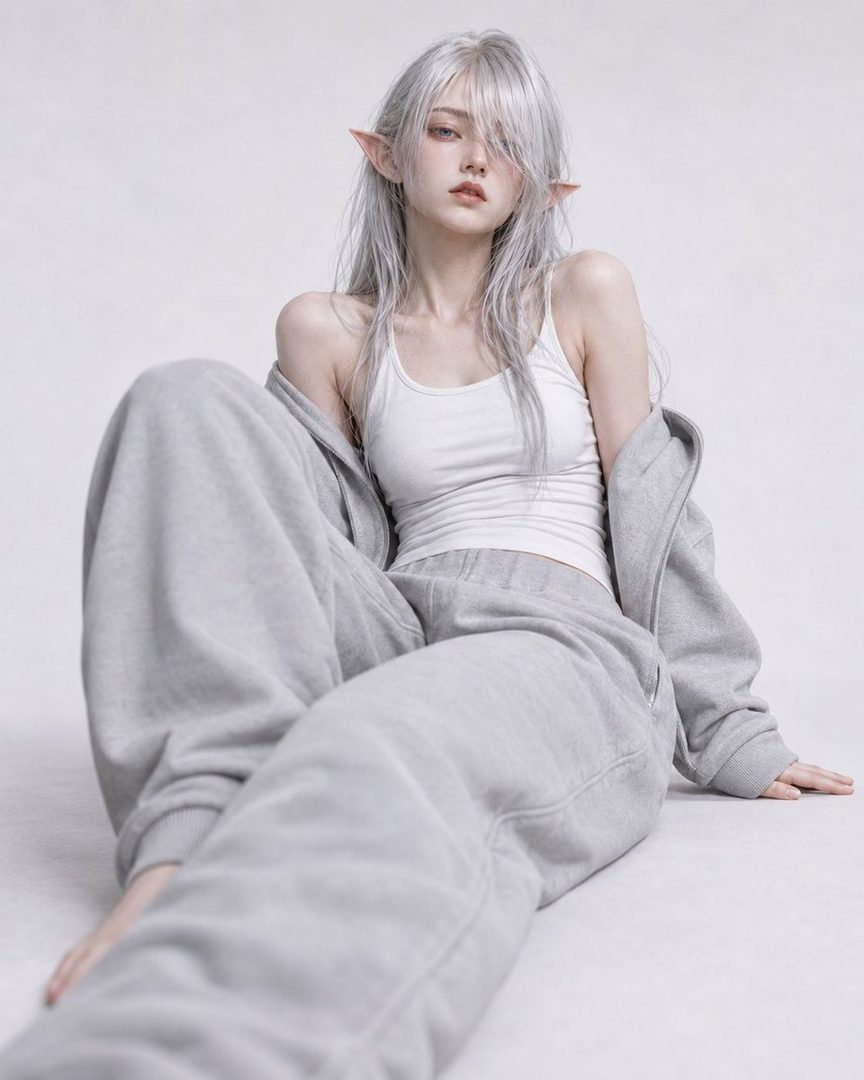 A photorealistic portrait of a woman with long silver hair and elf ears, wearing a white tank top and grey sweatpants, sitting on a white background.