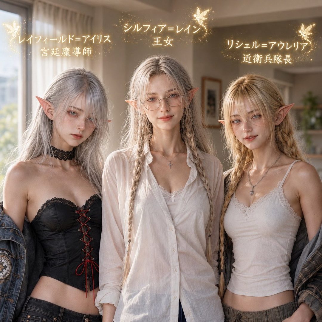 Three elf women with long braided hair and pointed ears are posing indoors, with text overlays above their heads.