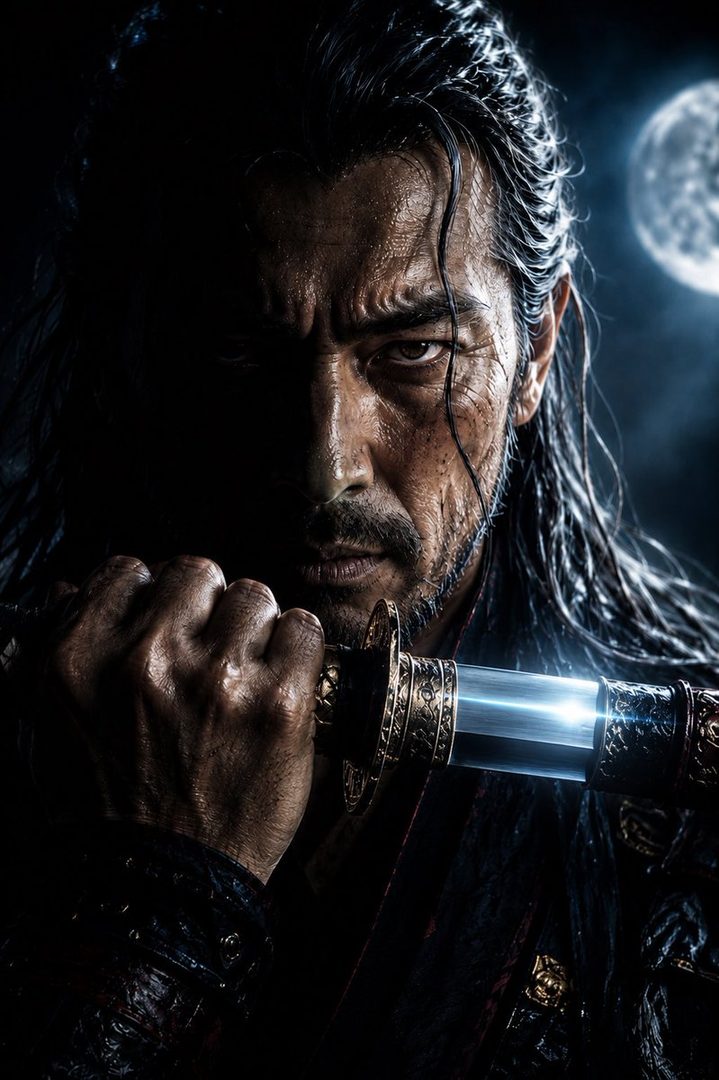 A photorealistic portrait of a warrior with long black hair and a beard, holding a glowing katana under a full moon at night.