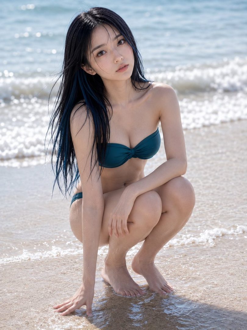 A young woman with long black hair and blue highlights crouches on a sandy beach in a teal bikini, looking at the camera.