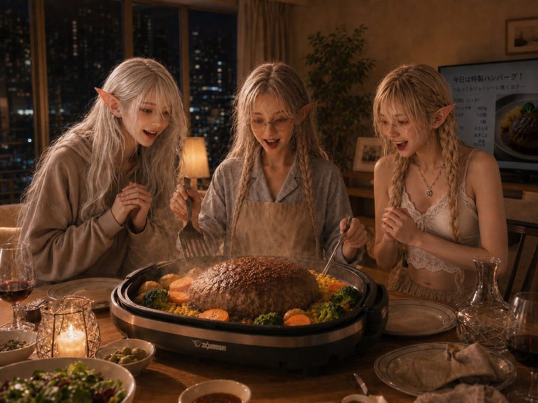 Three blonde elf-eared women are gathered around a large hot pot, looking excited and happy during a night-time indoor meal.