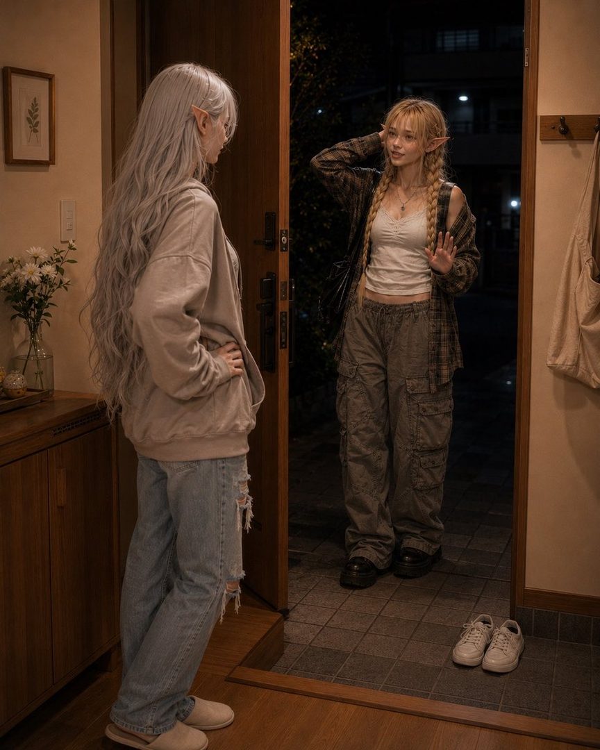 Two women with elf ears are talking at a doorway, one with long white hair and the other with blonde braids.