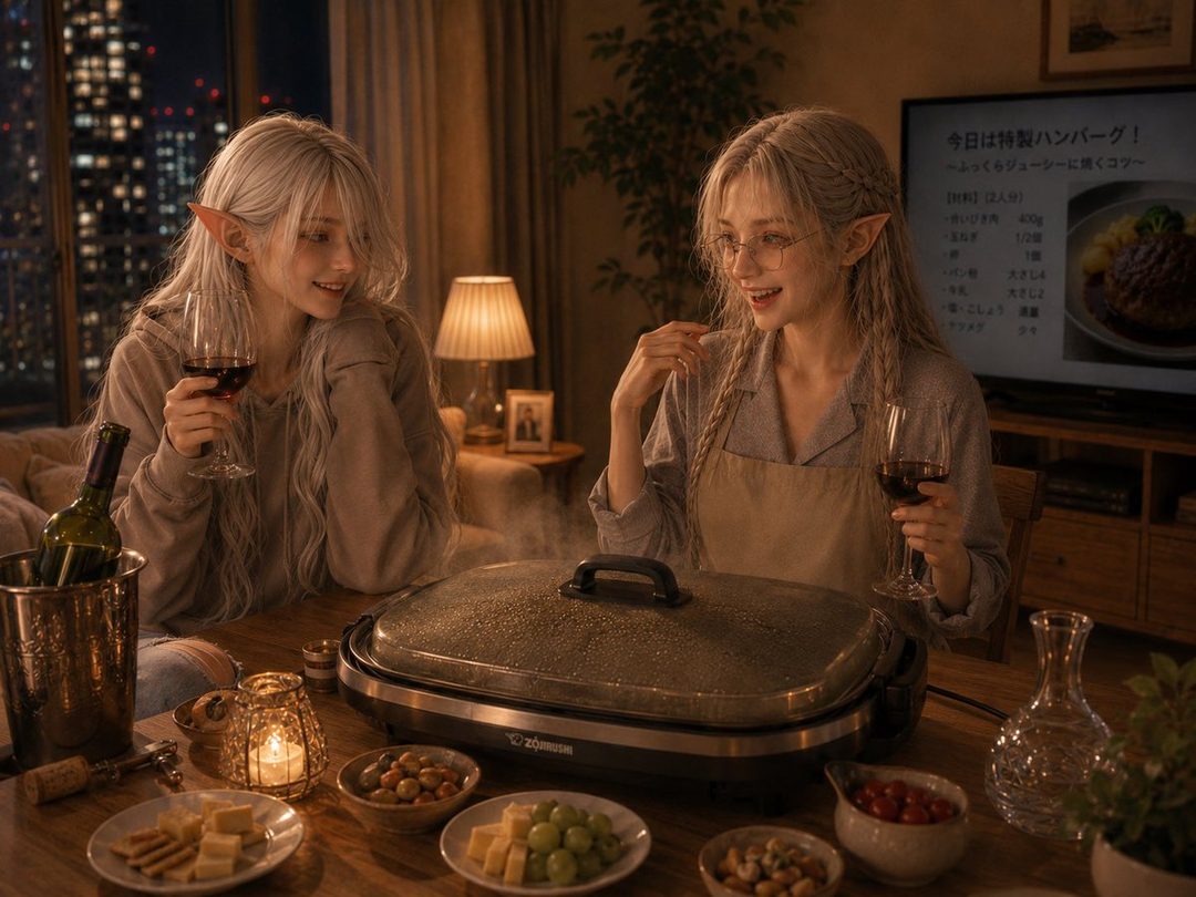 Two women with long white hair and elf ears are enjoying wine and snacks while cooking indoors at night.