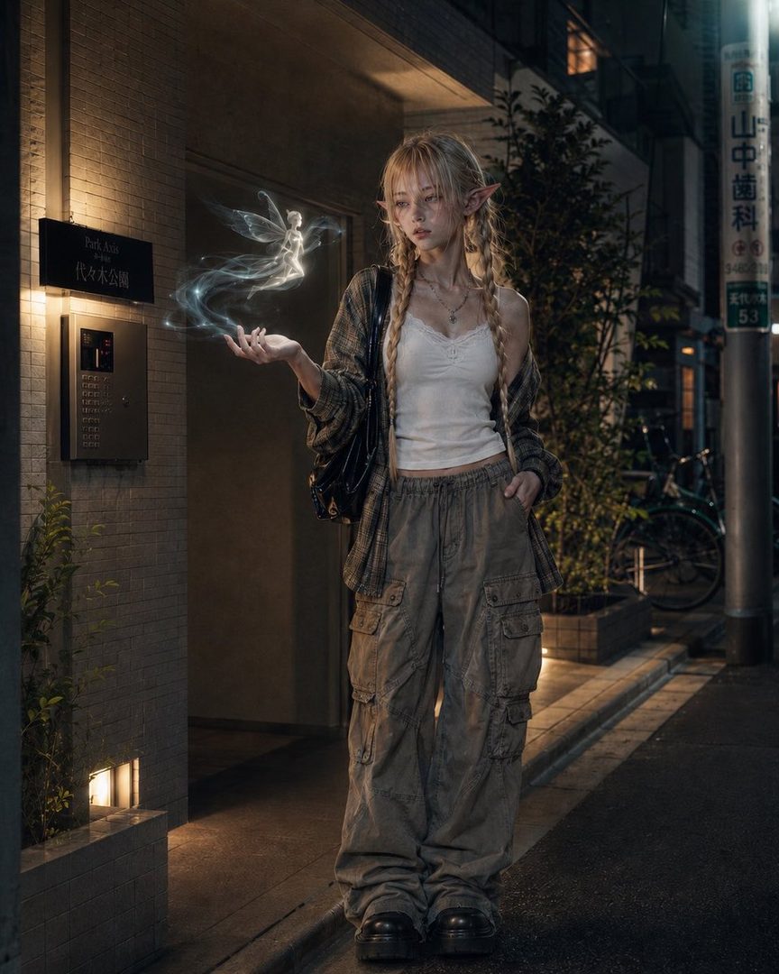 A blonde woman with braided hair and elf ears stands on a city street at night, holding a glowing fairy in her hand.