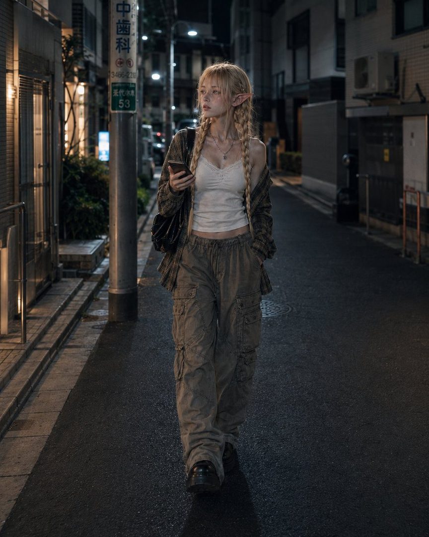 A blonde elf woman with braided hair walks down a dark city street at night, holding a phone.