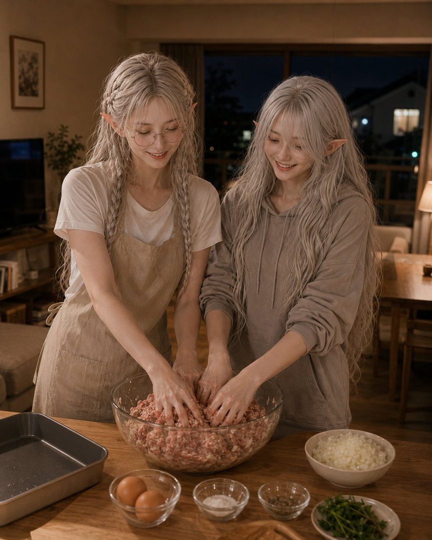 Two elf-eared women with long silver hair are mixing ground meat in a bowl in a cozy indoor setting at night.