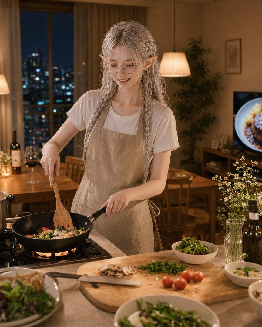 A smiling elf woman with long white braided hair and glasses cooks in a kitchen at night, with a city view outside the window.