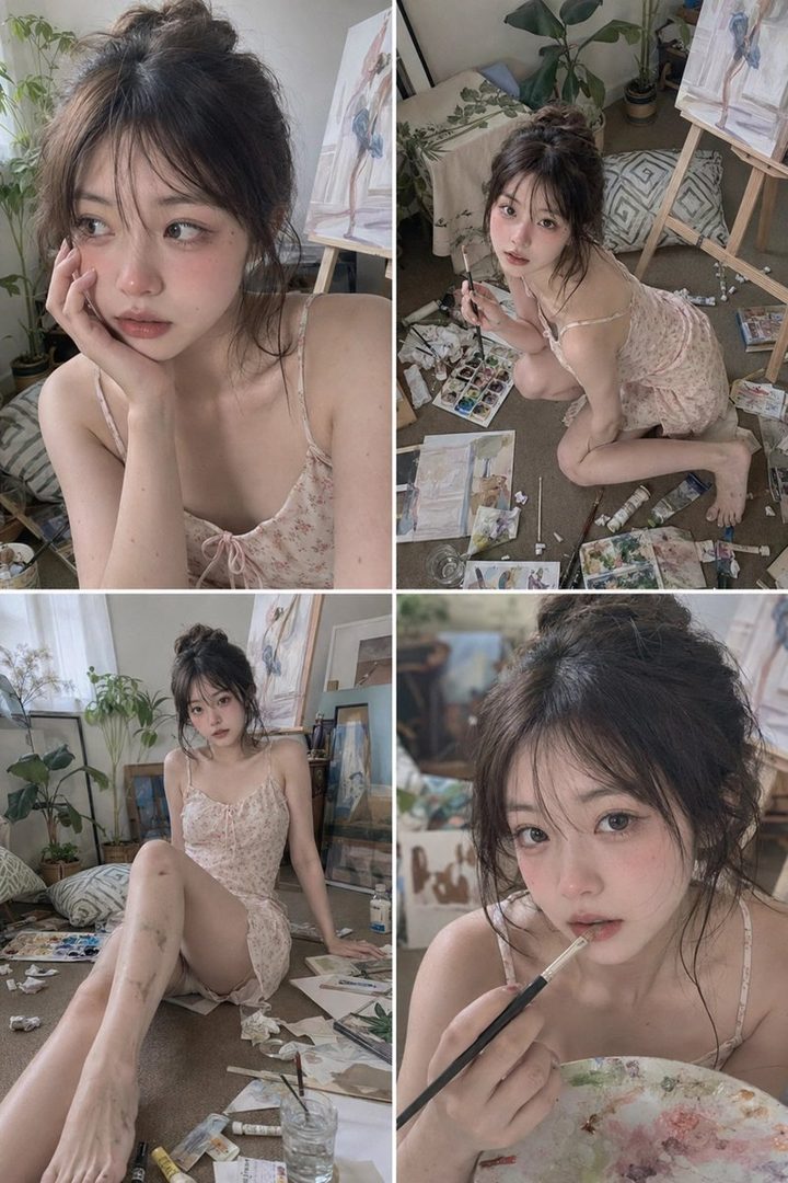 A young woman with brown hair in a messy bun, wearing a floral slip dress, sits on the floor surrounded by art supplies in a soft-lit studio.