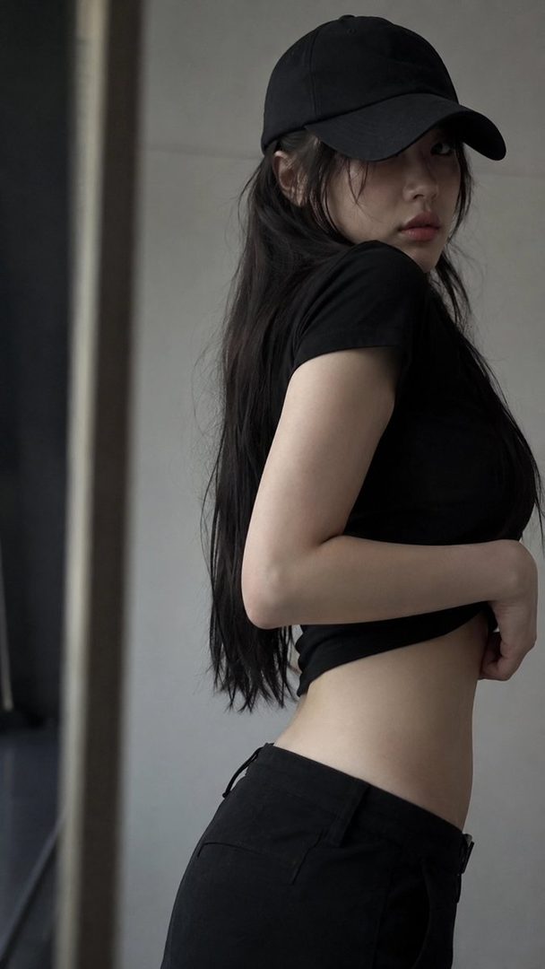 A woman in a black cap and black crop top poses indoors, showing her midriff.