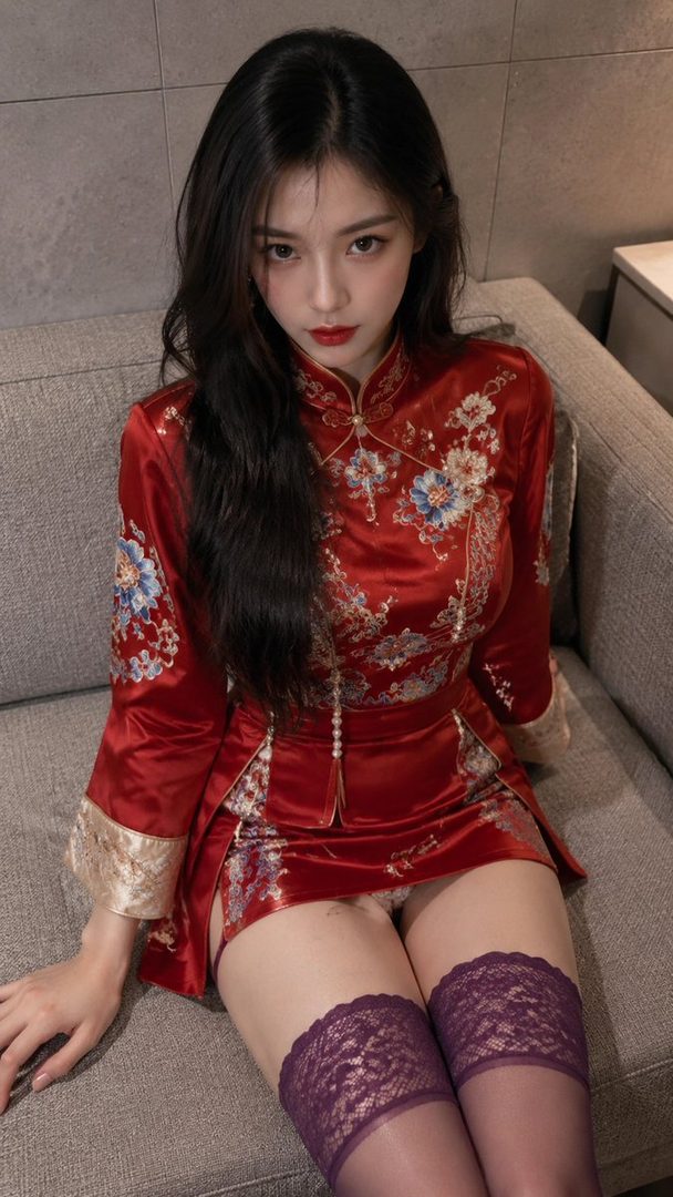 A young woman with long black hair wears a red embroidered dress and purple lace thigh-high stockings while sitting on a sofa indoors.