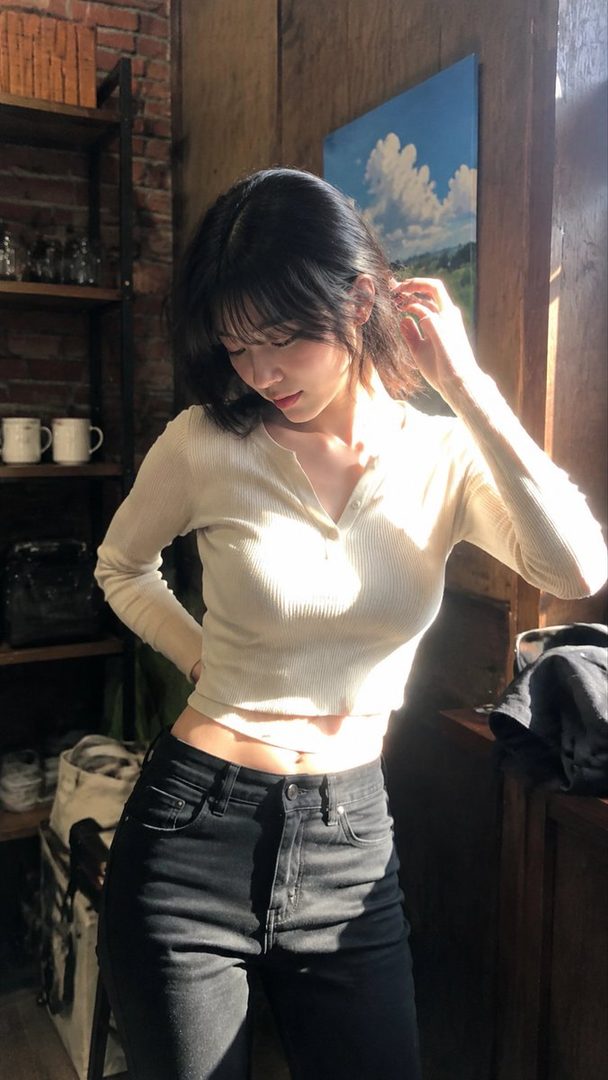 A young woman with short black hair and bangs, wearing a white long-sleeved crop top and black jeans, stands in a sunlit indoor setting.