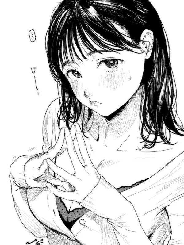 An anime-style illustration of a young woman with black hair and bangs, wearing an off-shoulder top, looking shyly at the viewer with her hands clasped.