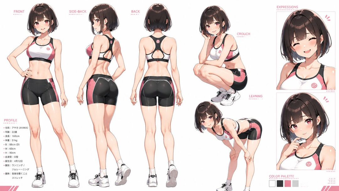 An anime-style character sheet of a young woman with short brown hair wearing a pink and black sports bra and shorts, shown in various poses and expressions.