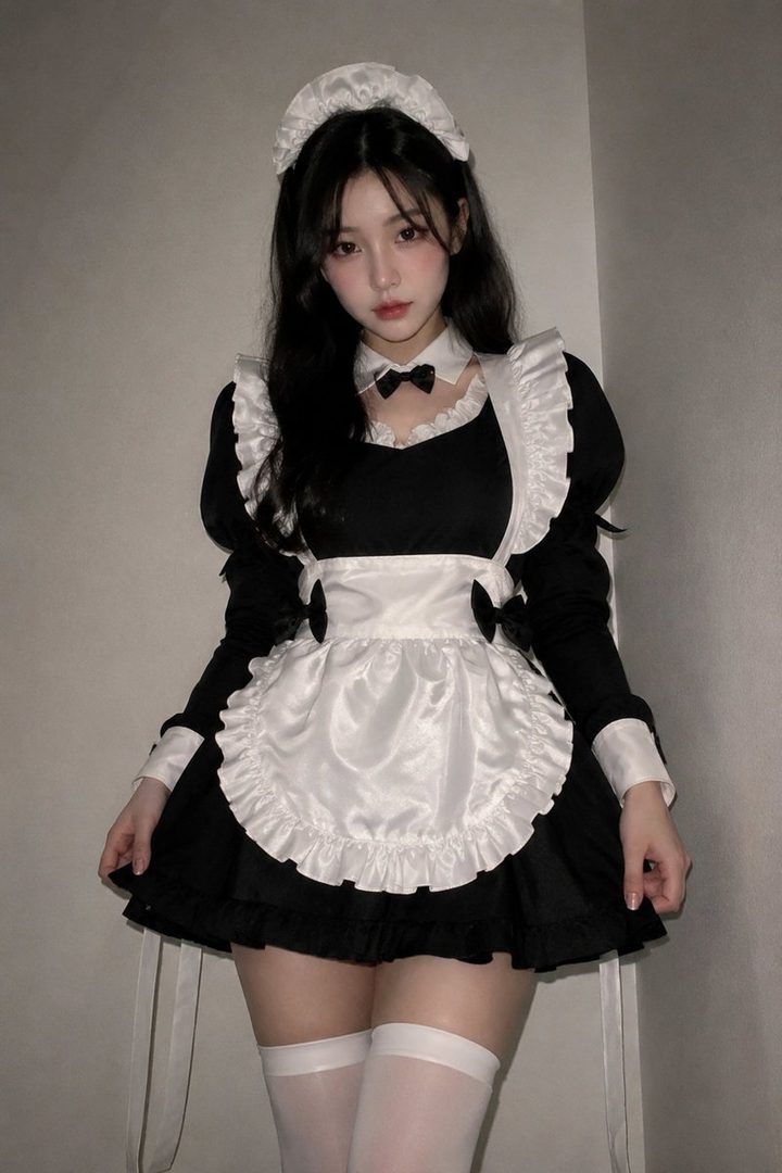 A young woman in a black and white maid outfit with long black hair poses against a plain background.