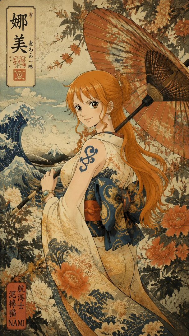 An anime-style illustration of Nami from One Piece in a kimono, with a traditional Japanese art background featuring Mount Fuji and a large wave.