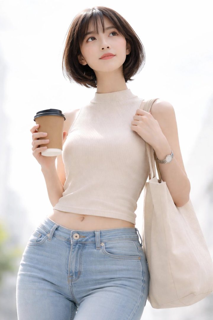 A young woman with short brown hair and bangs, wearing a beige sleeveless top and jeans, holding a coffee cup and a tote bag outdoors.