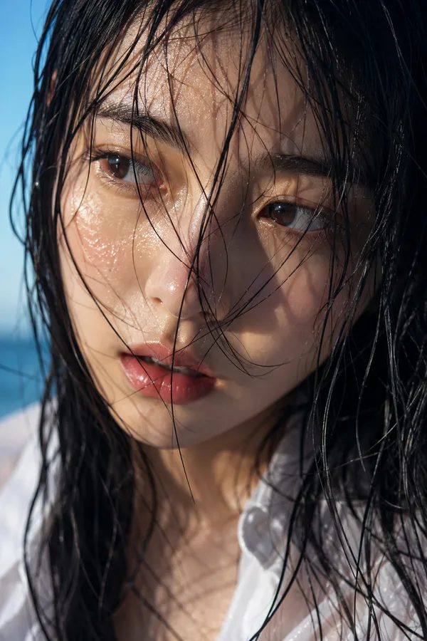 A close-up portrait of a woman with wet black hair and a white shirt, looking away with a dreamy expression.