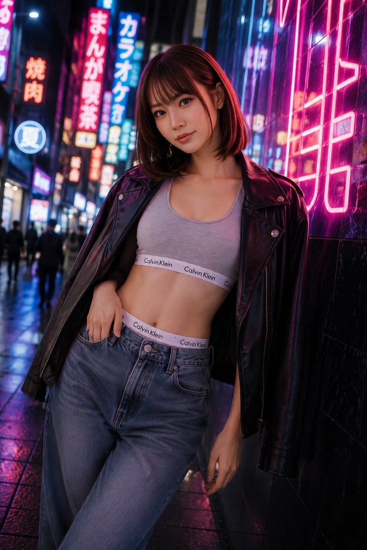 A woman in a leather jacket and Calvin Klein bralette and jeans poses on a neon-lit street at night.