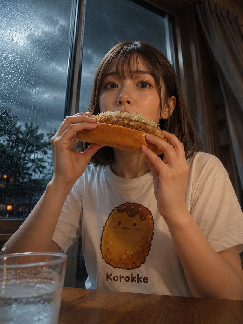 A young woman with short brown hair and bangs is eating a korokke sandwich indoors, with a rainy window in the background.