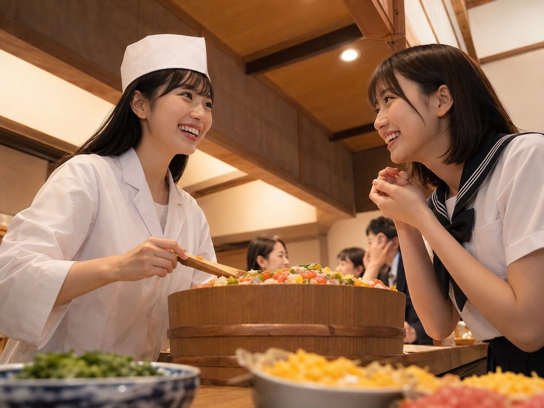 Two young Japanese women, one in a chef's uniform and the other in a school uniform, are smiling and talking while preparing chirashi sushi.