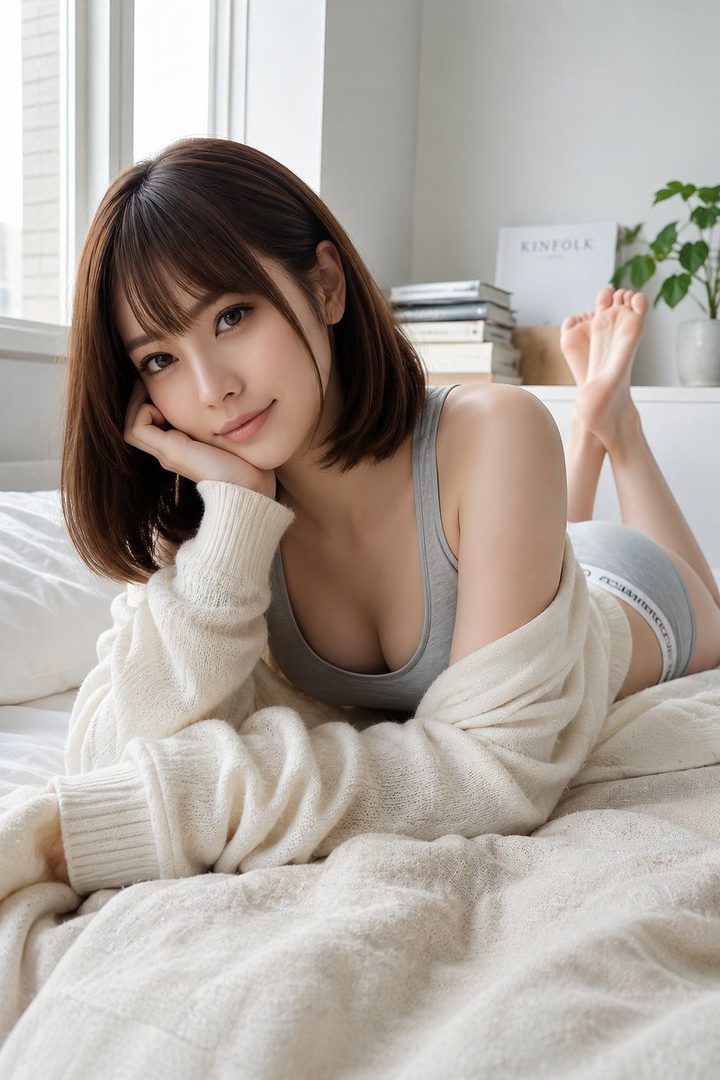 A young woman with short brown hair and bangs lies on a bed, wearing a grey bra and underwear with a white knit cardigan, looking at the camera.