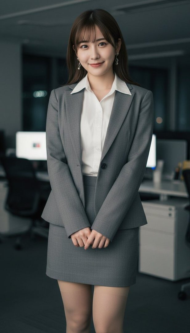 A young woman in a grey business suit and white shirt stands in an office setting, smiling gently at the camera.
