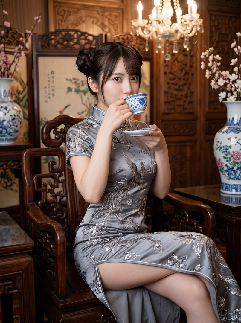 A young woman in a grey cheongsam with phoenix embroidery sips tea in a traditional Chinese setting.