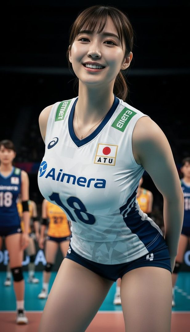 A smiling East Asian woman in a white and blue volleyball uniform with the number 18 stands on an indoor court.