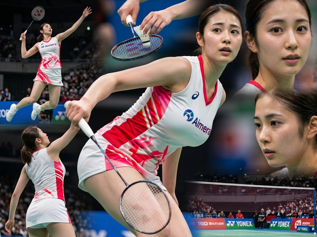 A collage of a female badminton player in action, wearing a white and red sports uniform, with close-ups of her face and racket.