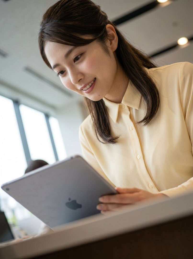 A smiling East Asian woman in a yellow blouse looks down at a tablet in an indoor setting.