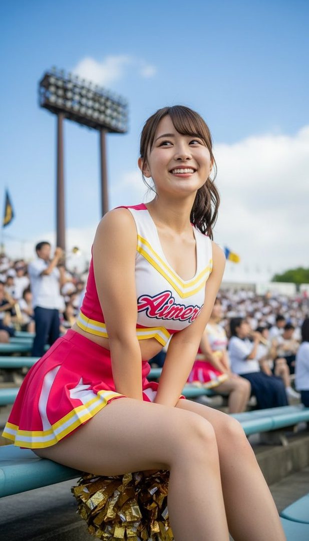 A smiling East Asian cheerleader in a pink and white uniform sits on stadium bleachers with a gold pom-pom.